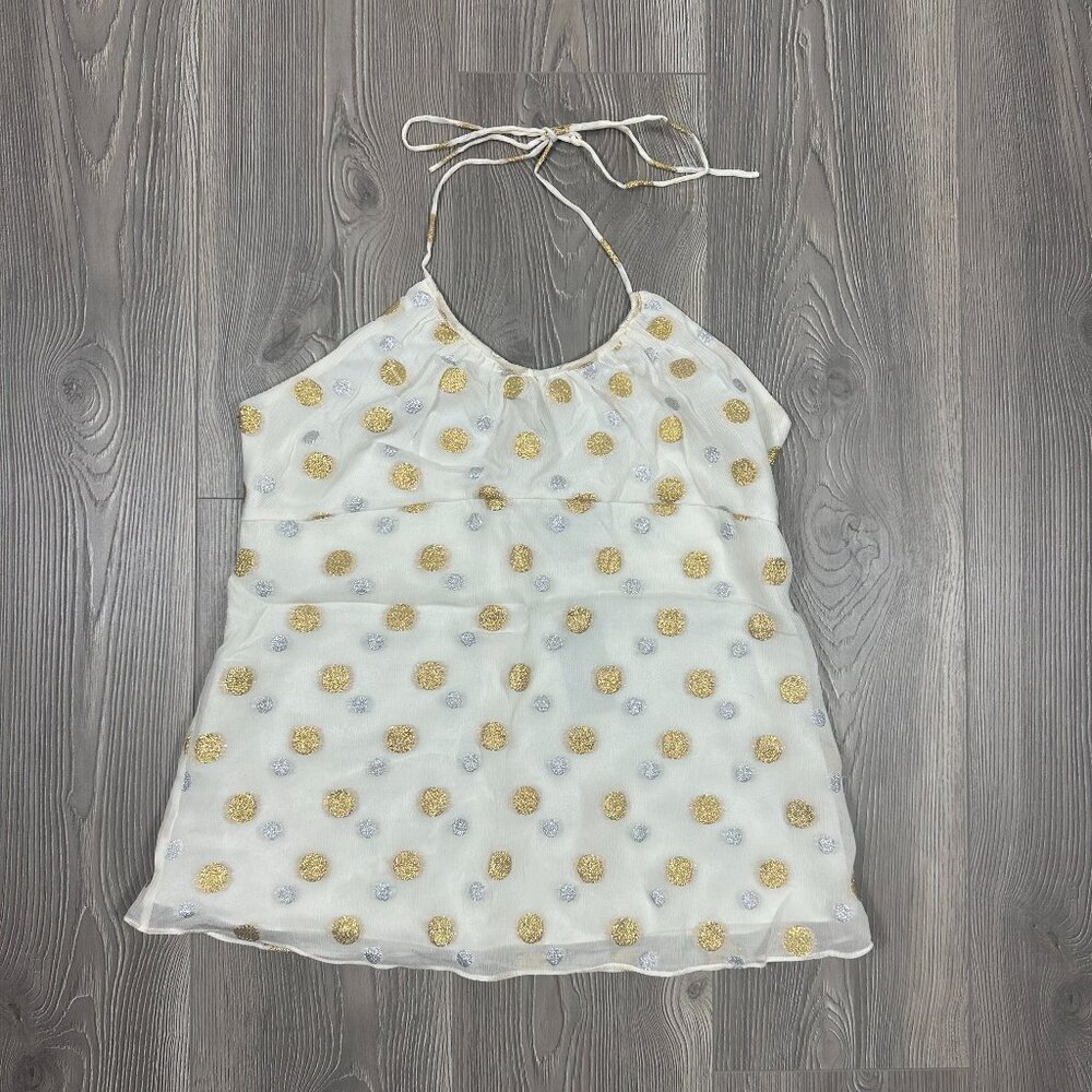 NWT Express Design Studio White Silk Halter Top with Gold & Silver Polka Dot Y2K